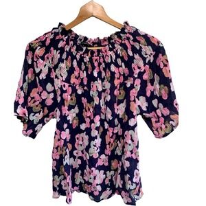 Comfort & Grace Navy Floral Smocked Ruffle Neck 3/4 Sleeve Top Women's L